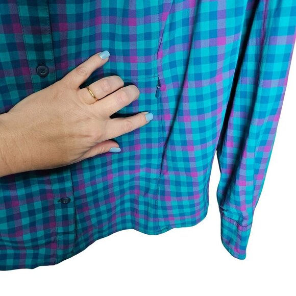 Duluth Trading Womens Large Blue Purple Plaid Button-Up Shirt Fishing Zip Pocket - Picture 10 of 13